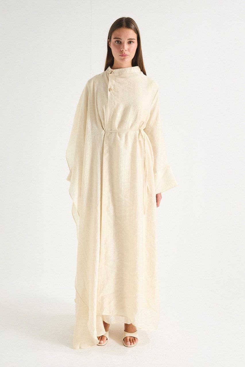High Neck Maxi Dress with Self-Tie Belt and Bell Sleeves — Bej