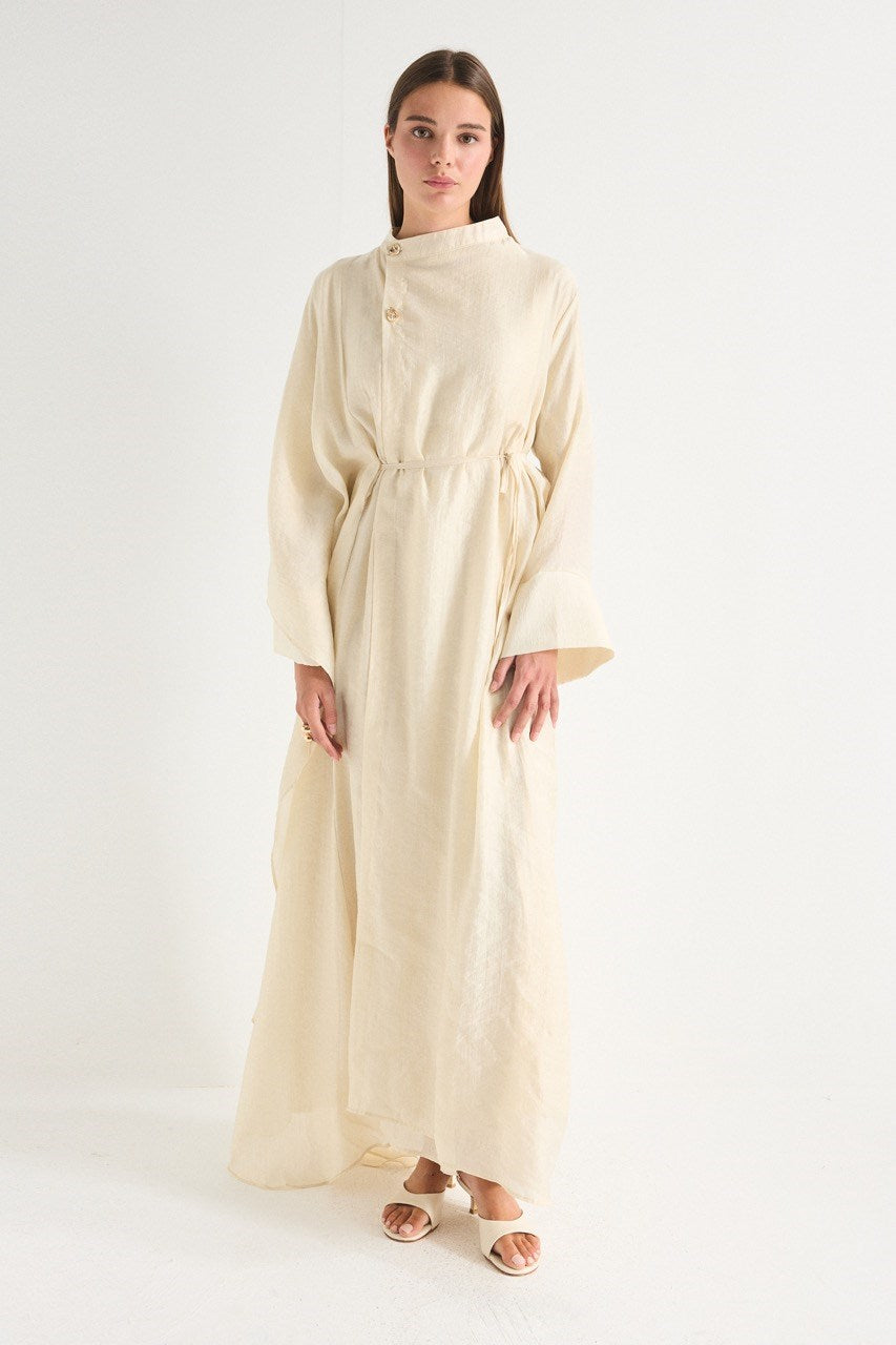 High Neck Maxi Dress with Self-Tie Belt and Bell Sleeves — Bej