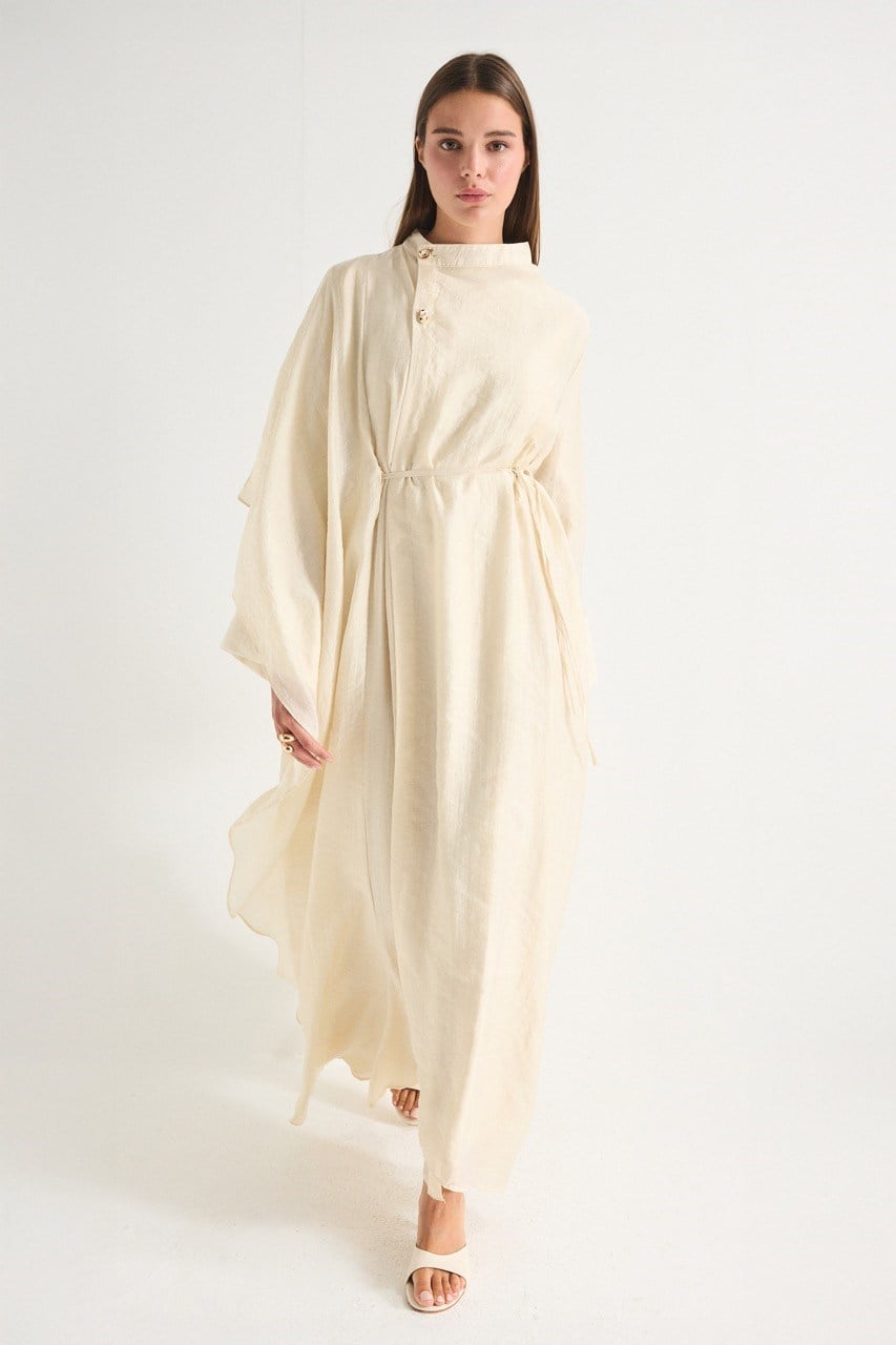 High Neck Maxi Dress with Self-Tie Belt and Bell Sleeves — Bej