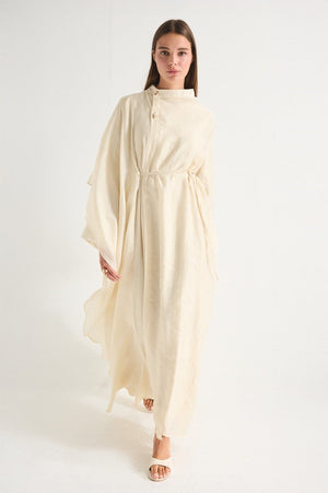 High Neck Maxi Dress with Self-Tie Belt and Bell Sleeves — Bej