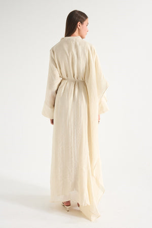 High Neck Maxi Dress with Self-Tie Belt and Bell Sleeves — Bej