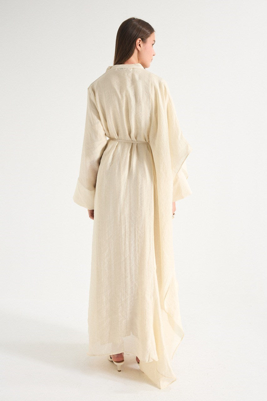 High Neck Maxi Dress with Self-Tie Belt and Bell Sleeves — Bej