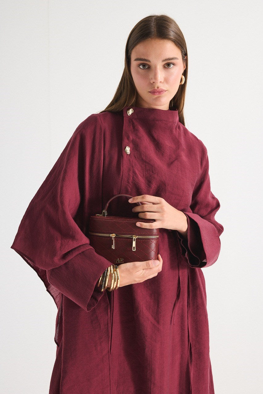 High Neck Maxi Dress with Self-Tie Belt and Bell Sleeves — Bordo