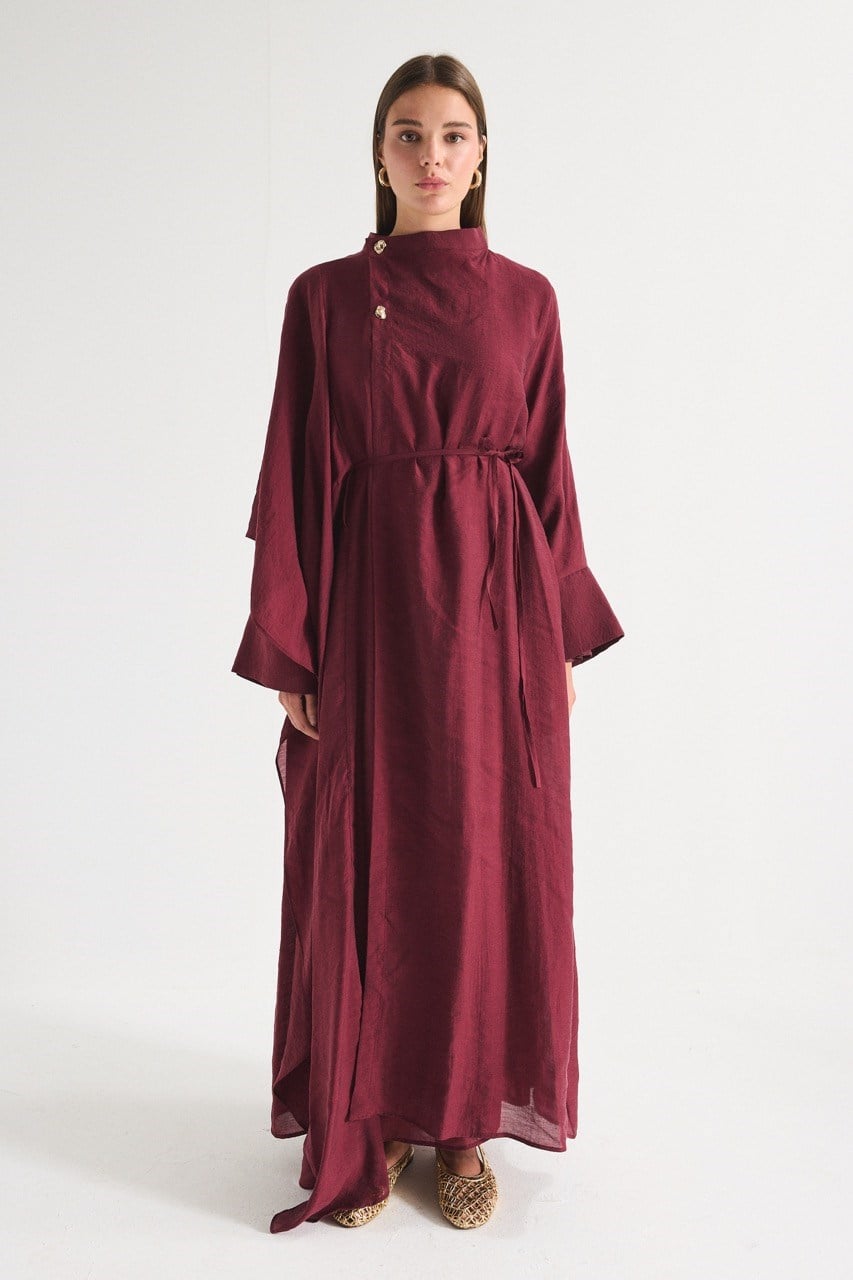 High Neck Maxi Dress with Self-Tie Belt and Bell Sleeves — Bordo