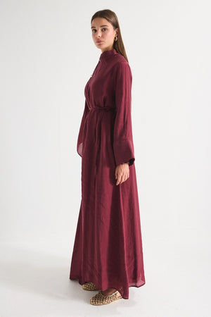 High Neck Maxi Dress with Self-Tie Belt and Bell Sleeves — Bordo