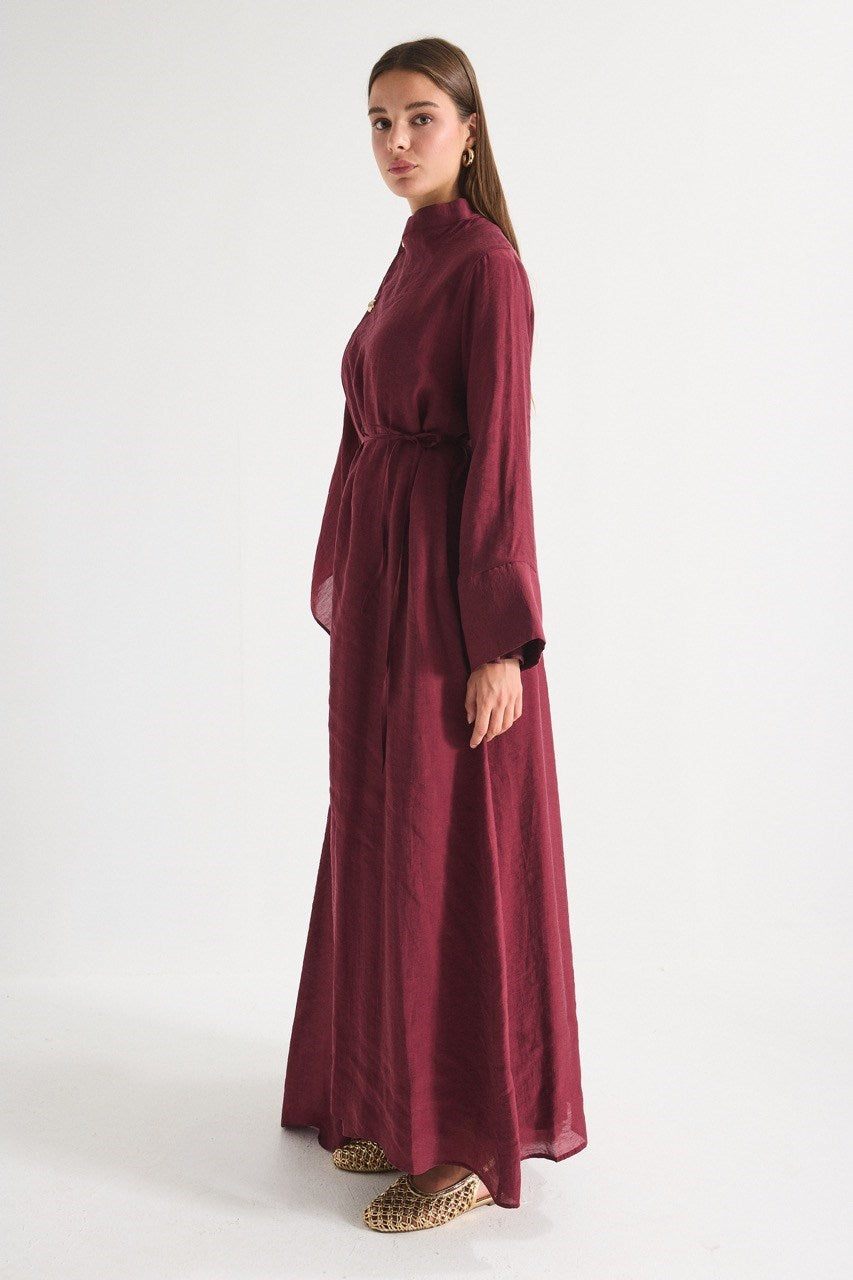 High Neck Maxi Dress with Self-Tie Belt and Bell Sleeves — Bordo
