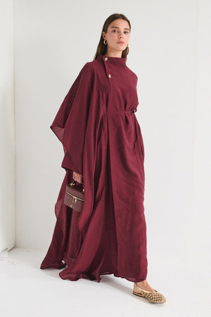 High Neck Maxi Dress with Self-Tie Belt and Bell Sleeves — Bordo