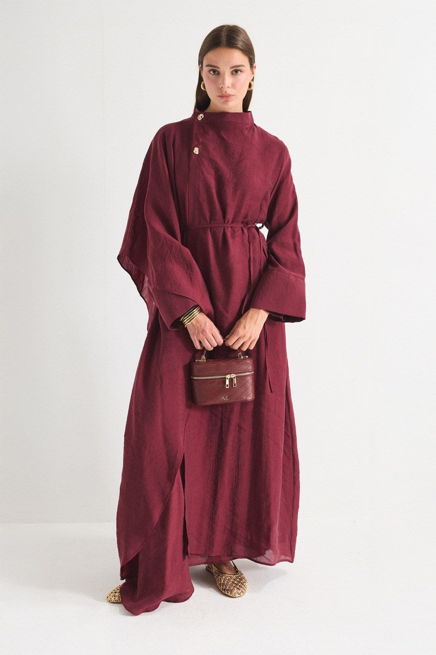 High Neck Maxi Dress with Self-Tie Belt and Bell Sleeves — Bordo