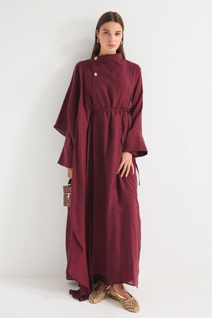 High Neck Maxi Dress with Self-Tie Belt and Bell Sleeves — Bordo
