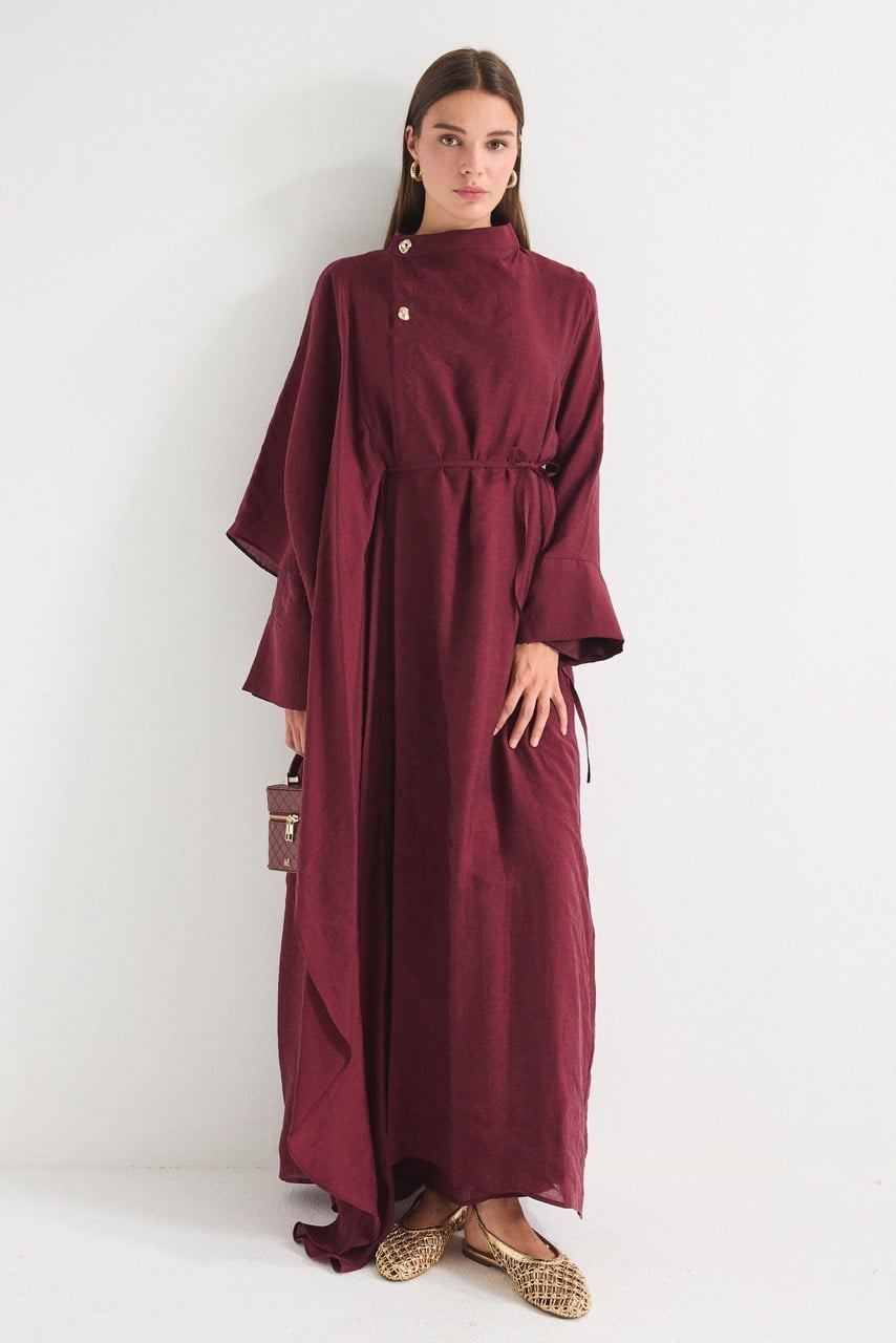 High Neck Maxi Dress with Self-Tie Belt and Bell Sleeves — Bordo