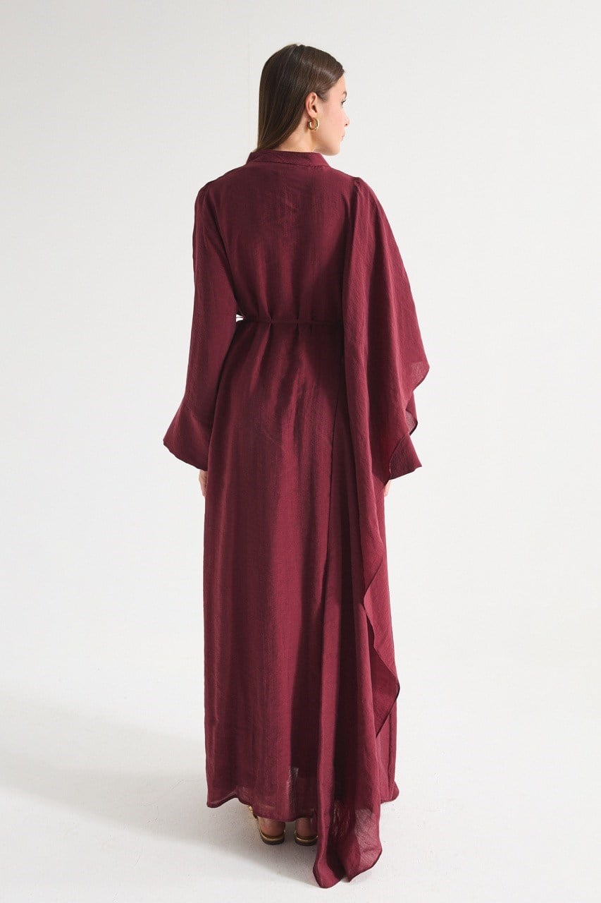 High Neck Maxi Dress with Self-Tie Belt and Bell Sleeves — Bordo