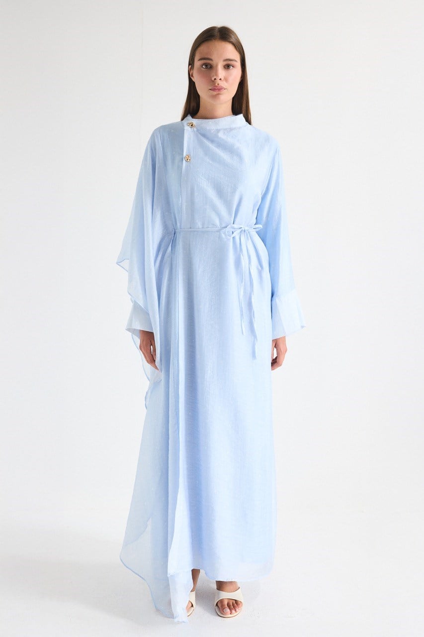 High Neck Maxi Dress with Self-Tie Belt and Bell Sleeves — Mavi