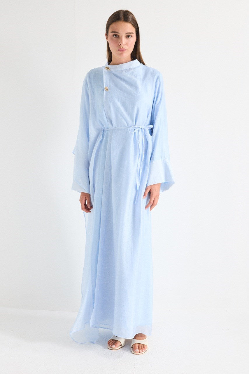 High Neck Maxi Dress with Self-Tie Belt and Bell Sleeves — Mavi
