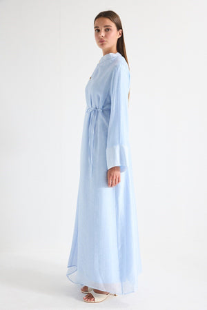 High Neck Maxi Dress with Self-Tie Belt and Bell Sleeves — Mavi