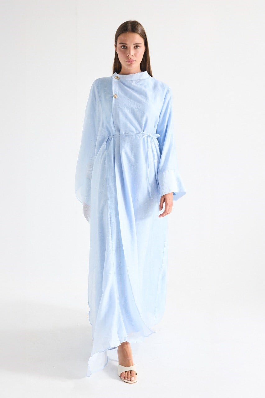 High Neck Maxi Dress with Self-Tie Belt and Bell Sleeves — Mavi