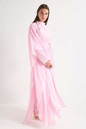 High Neck Maxi Dress with Self-Tie Belt and Bell Sleeves — Pembe