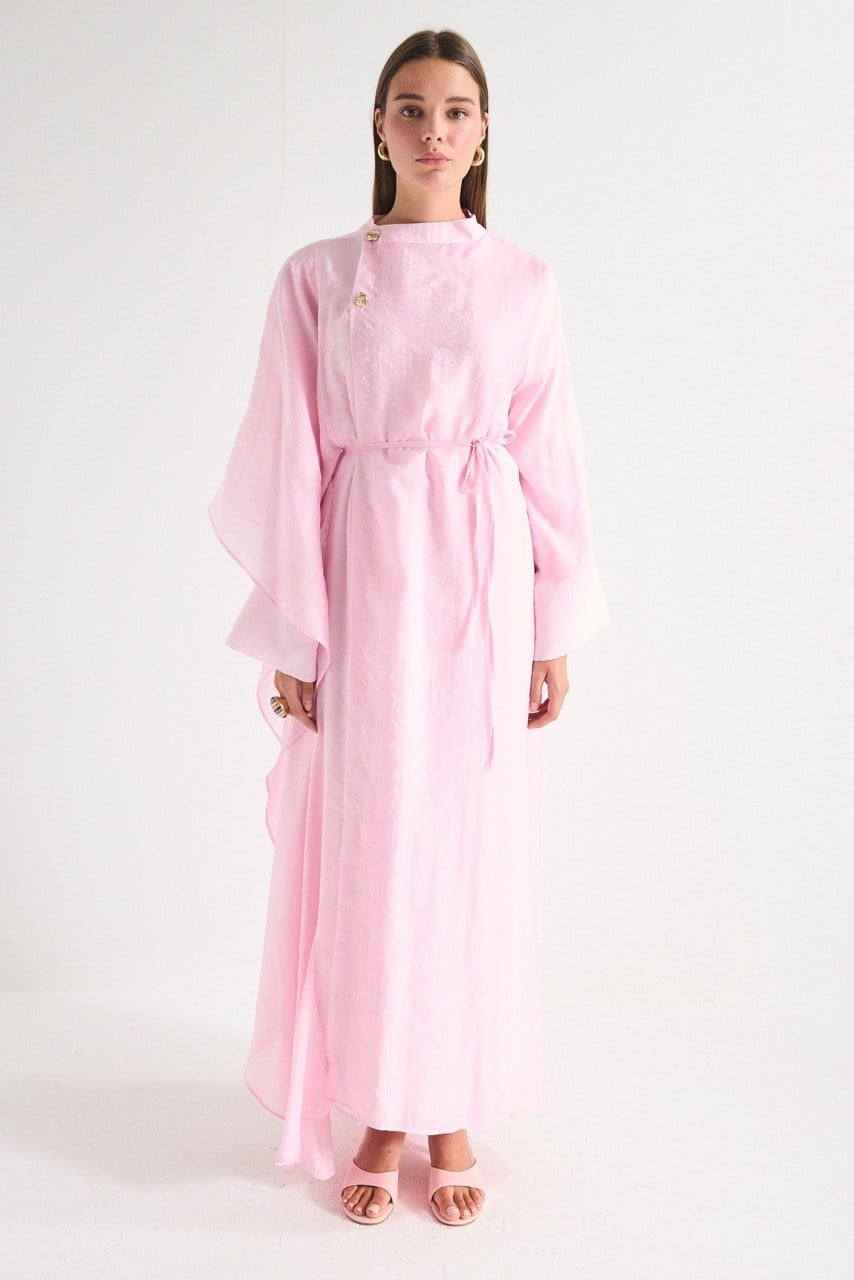 High Neck Maxi Dress with Self-Tie Belt and Bell Sleeves — Pembe