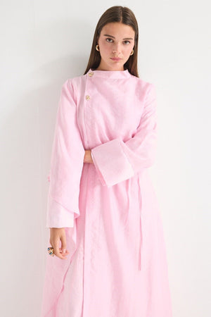 High Neck Maxi Dress with Self-Tie Belt and Bell Sleeves — Pembe