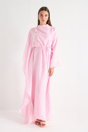 High Neck Maxi Dress with Self-Tie Belt and Bell Sleeves — Pembe
