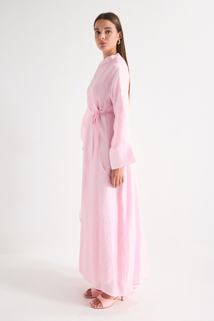 High Neck Maxi Dress with Self-Tie Belt and Bell Sleeves — Pembe