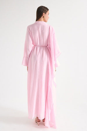 High Neck Maxi Dress with Self-Tie Belt and Bell Sleeves — Pembe