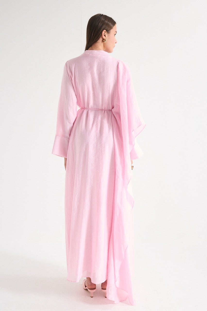 High Neck Maxi Dress with Self-Tie Belt and Bell Sleeves — Pembe