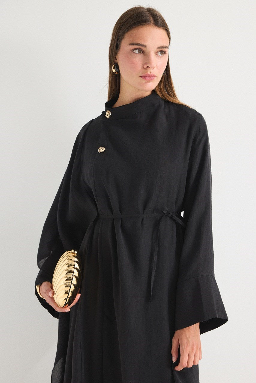 High Neck Maxi Dress with Self-Tie Belt and Bell Sleeves — Siyah