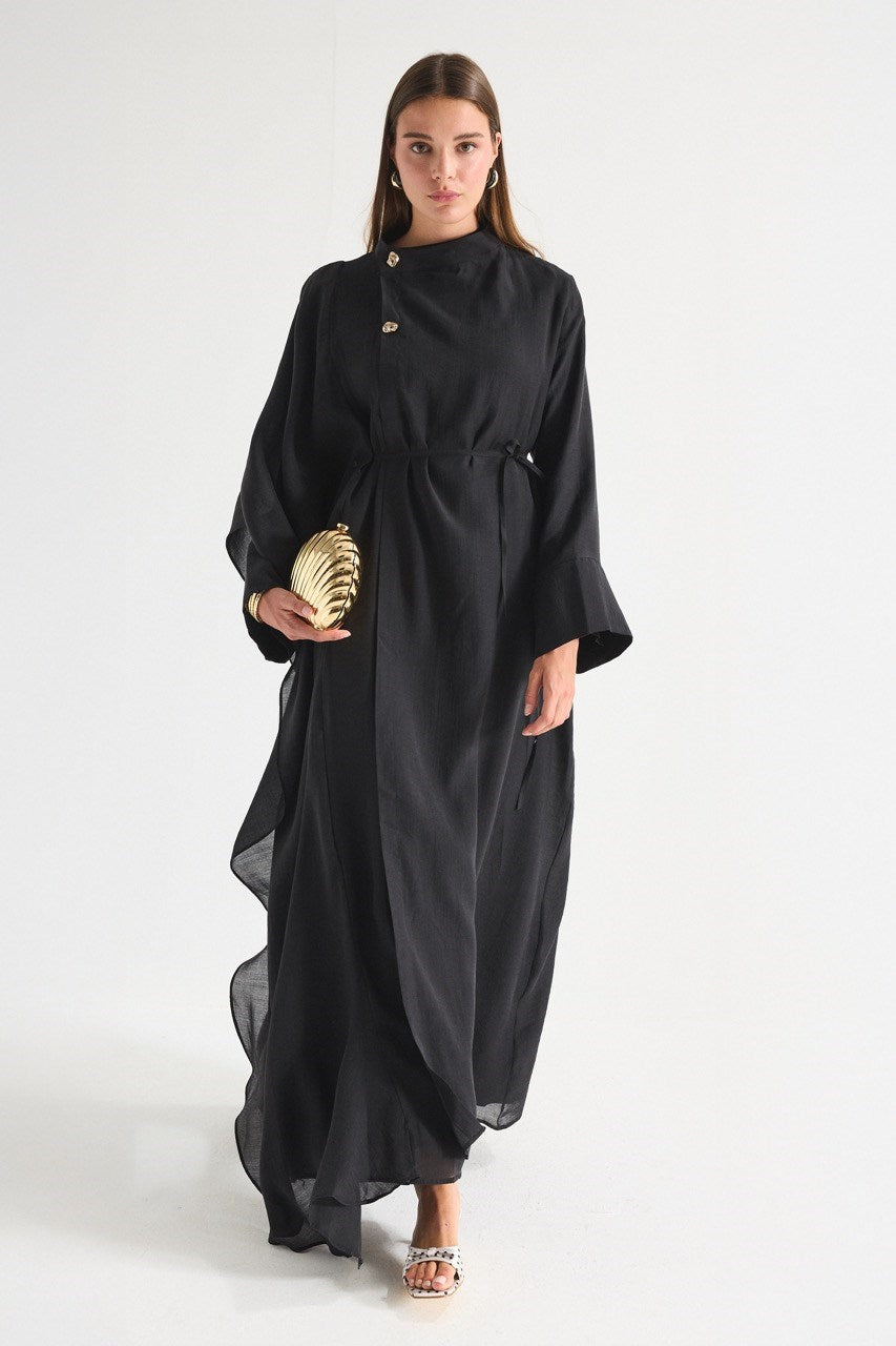 High Neck Maxi Dress with Self-Tie Belt and Bell Sleeves — Siyah