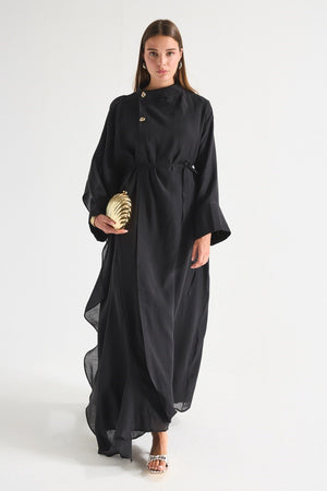 High Neck Maxi Dress with Self-Tie Belt and Bell Sleeves — Siyah