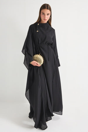 High Neck Maxi Dress with Self-Tie Belt and Bell Sleeves — Siyah