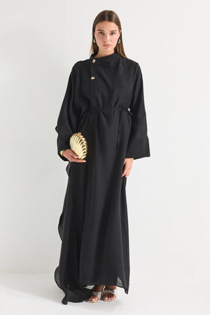 High Neck Maxi Dress with Self-Tie Belt and Bell Sleeves — Siyah