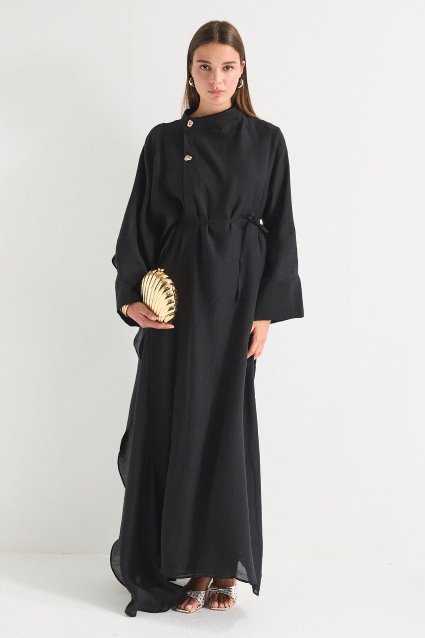 High Neck Maxi Dress with Self-Tie Belt and Bell Sleeves — Siyah