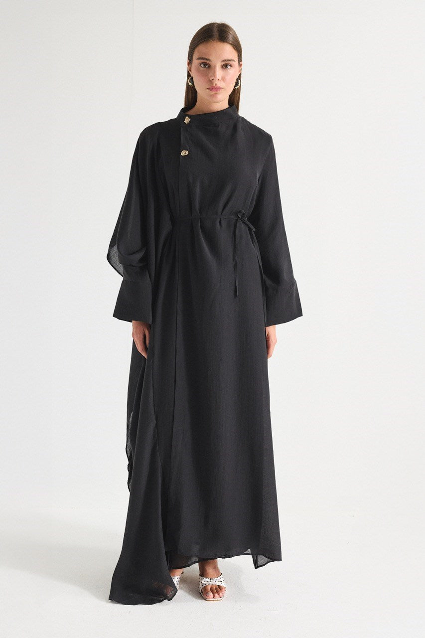 High Neck Maxi Dress with Self-Tie Belt and Bell Sleeves — Siyah
