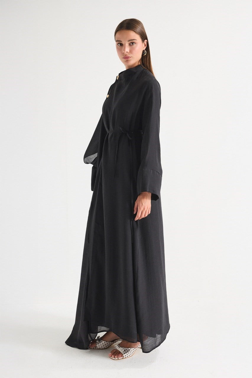 High Neck Maxi Dress with Self-Tie Belt and Bell Sleeves — Siyah