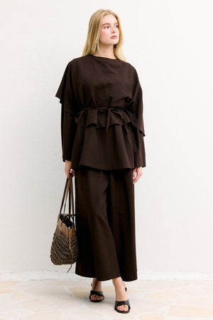 Relaxed Two-Piece Set: Cape Tunic & Wide Trousers — Kahve