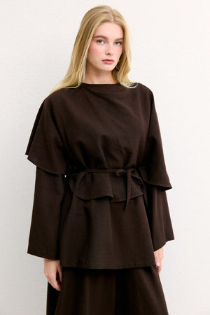 Relaxed Two-Piece Set: Cape Tunic & Wide Trousers — Kahve