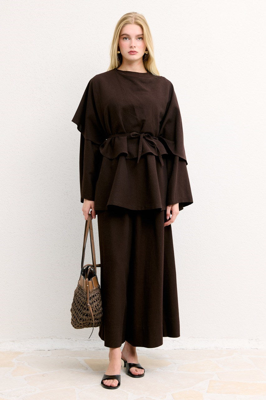 Relaxed Two-Piece Set: Cape Tunic & Wide Trousers — Kahve