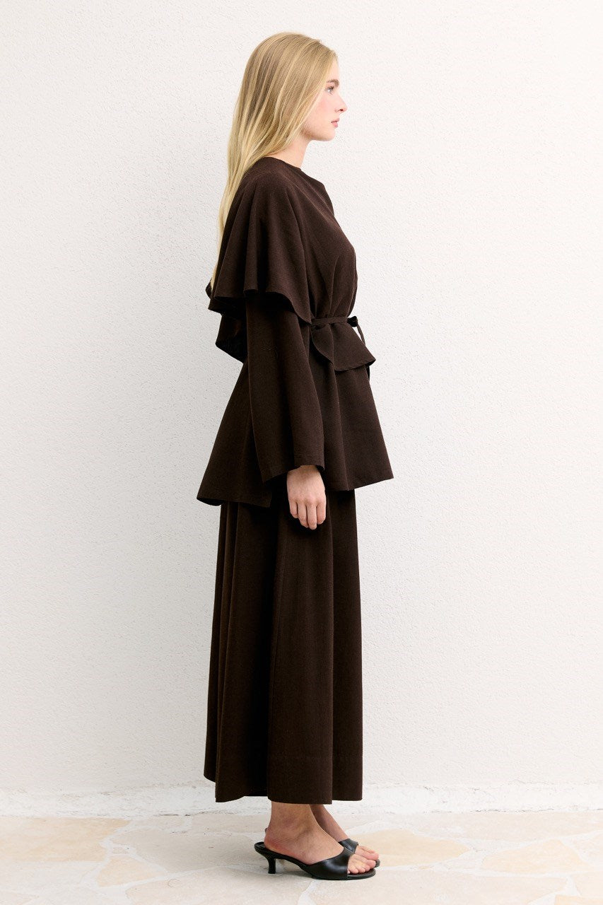 Relaxed Two-Piece Set: Cape Tunic & Wide Trousers — Kahve