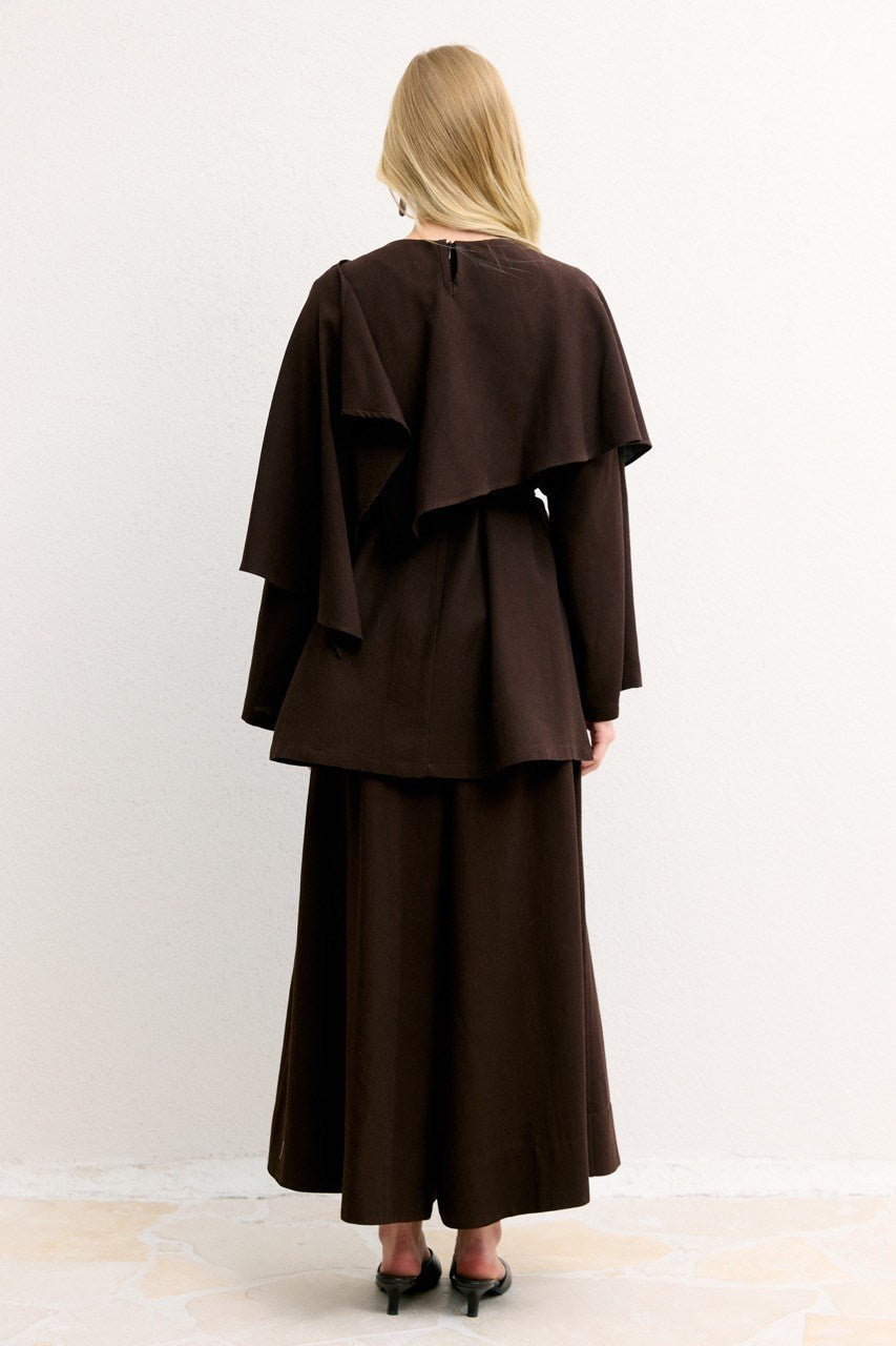 Relaxed Two-Piece Set: Cape Tunic & Wide Trousers — Kahve