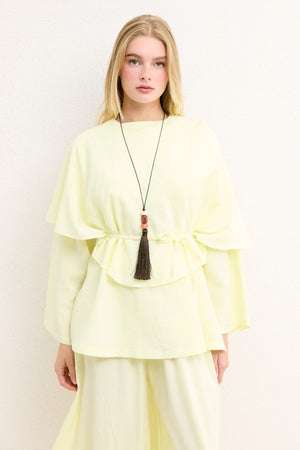 Relaxed Two-Piece Set: Cape Tunic & Wide Trousers — Sarı