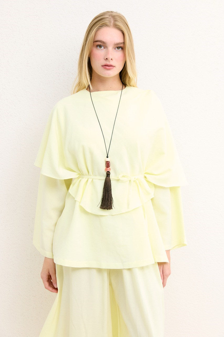 Relaxed Two-Piece Set: Cape Tunic & Wide Trousers — Sarı