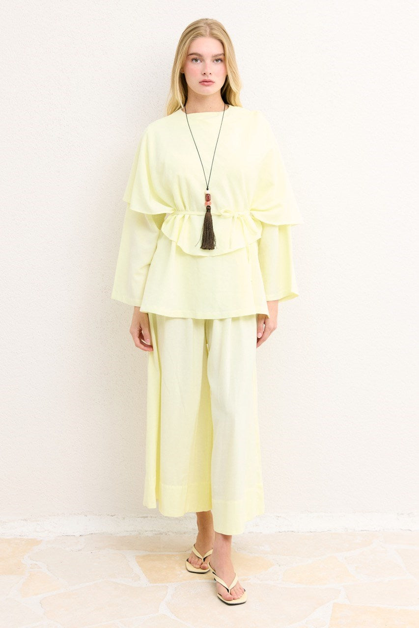 Relaxed Two-Piece Set: Cape Tunic & Wide Trousers — Sarı