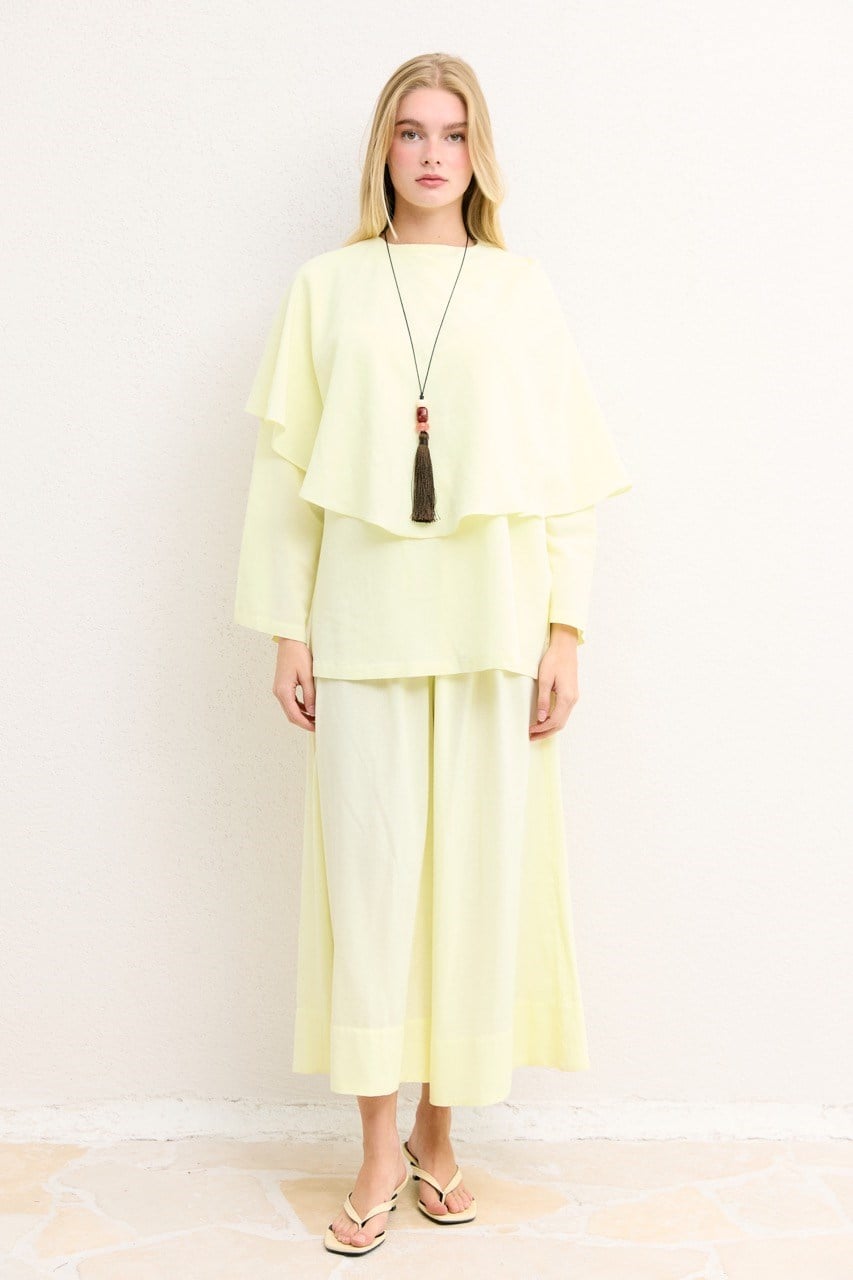 Relaxed Two-Piece Set: Cape Tunic & Wide Trousers — Sarı