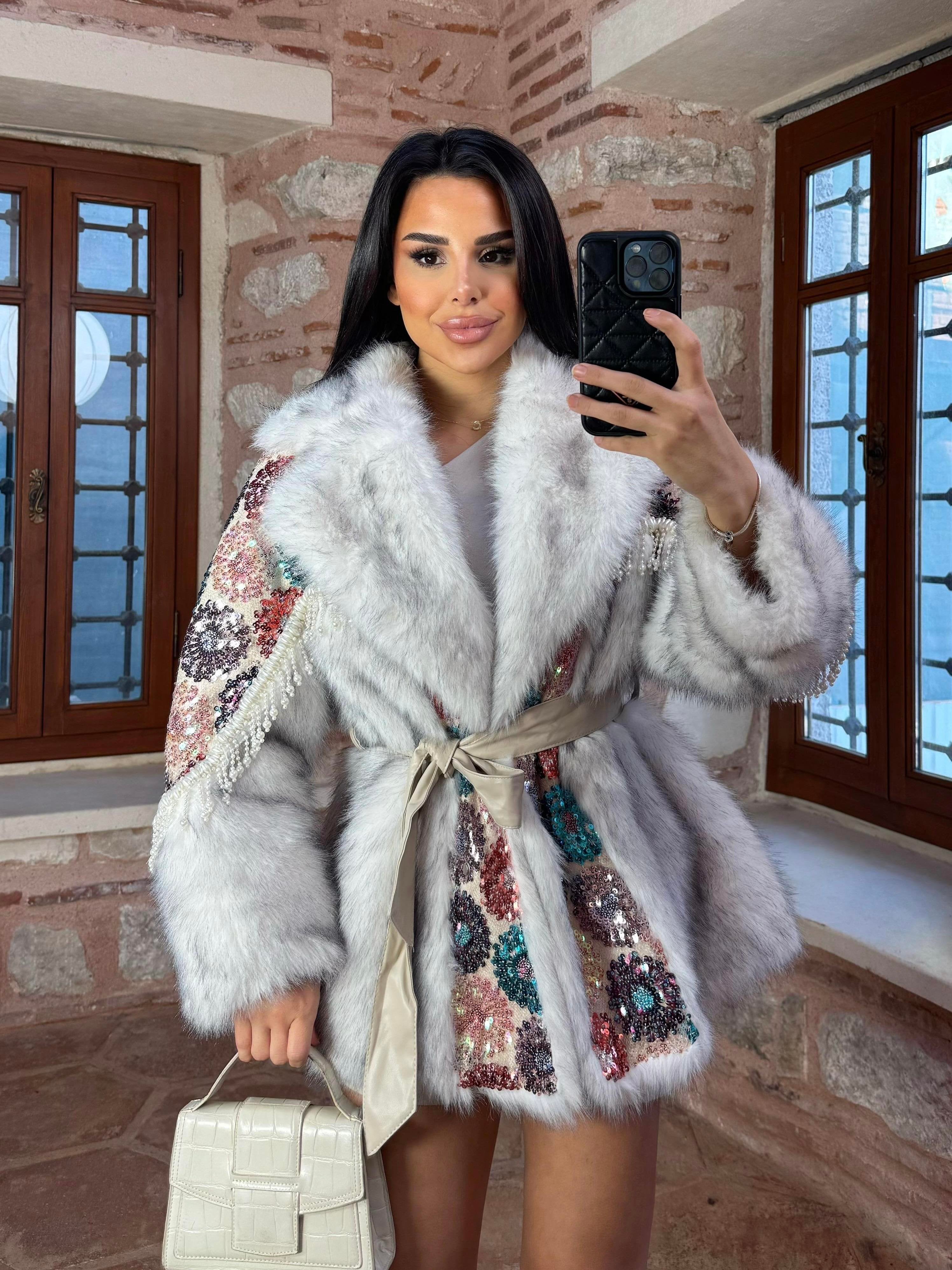 Fur Coat with Sequin Details