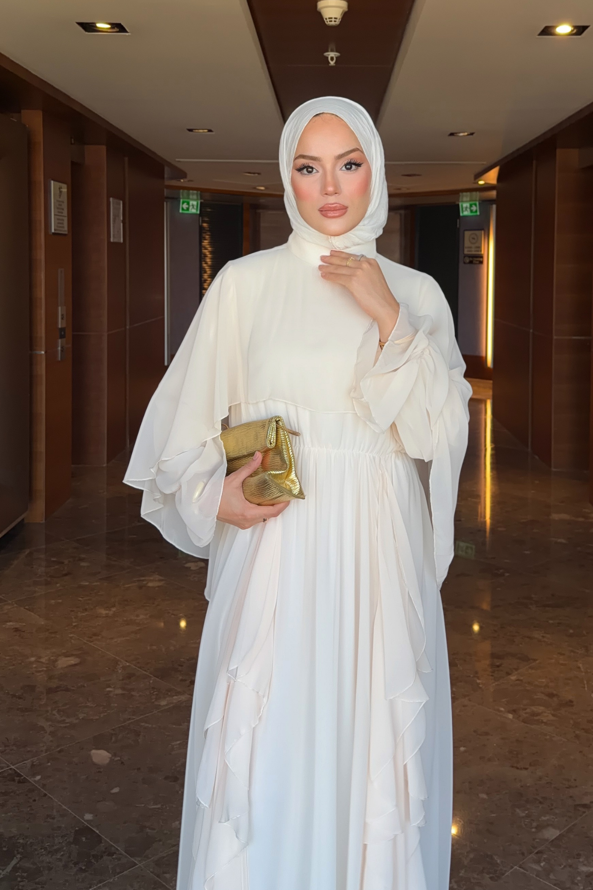 Flowy Chiffon Ruffle Maxi Dress with Belt & Cape Sleeves — Ekru