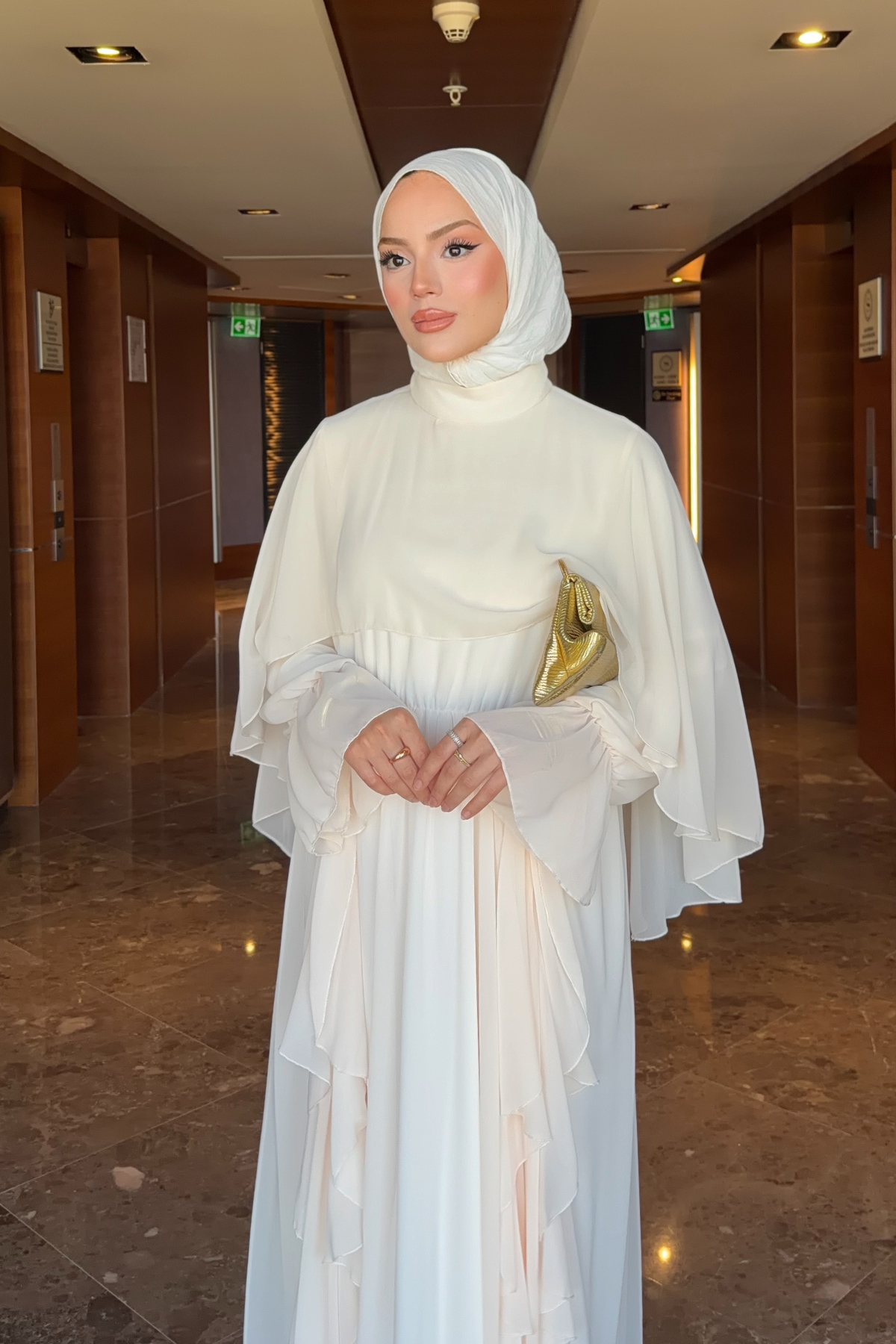 Flowy Chiffon Ruffle Maxi Dress with Belt & Cape Sleeves — Ekru