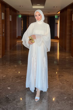 Flowy Chiffon Ruffle Maxi Dress with Belt & Cape Sleeves — Ekru