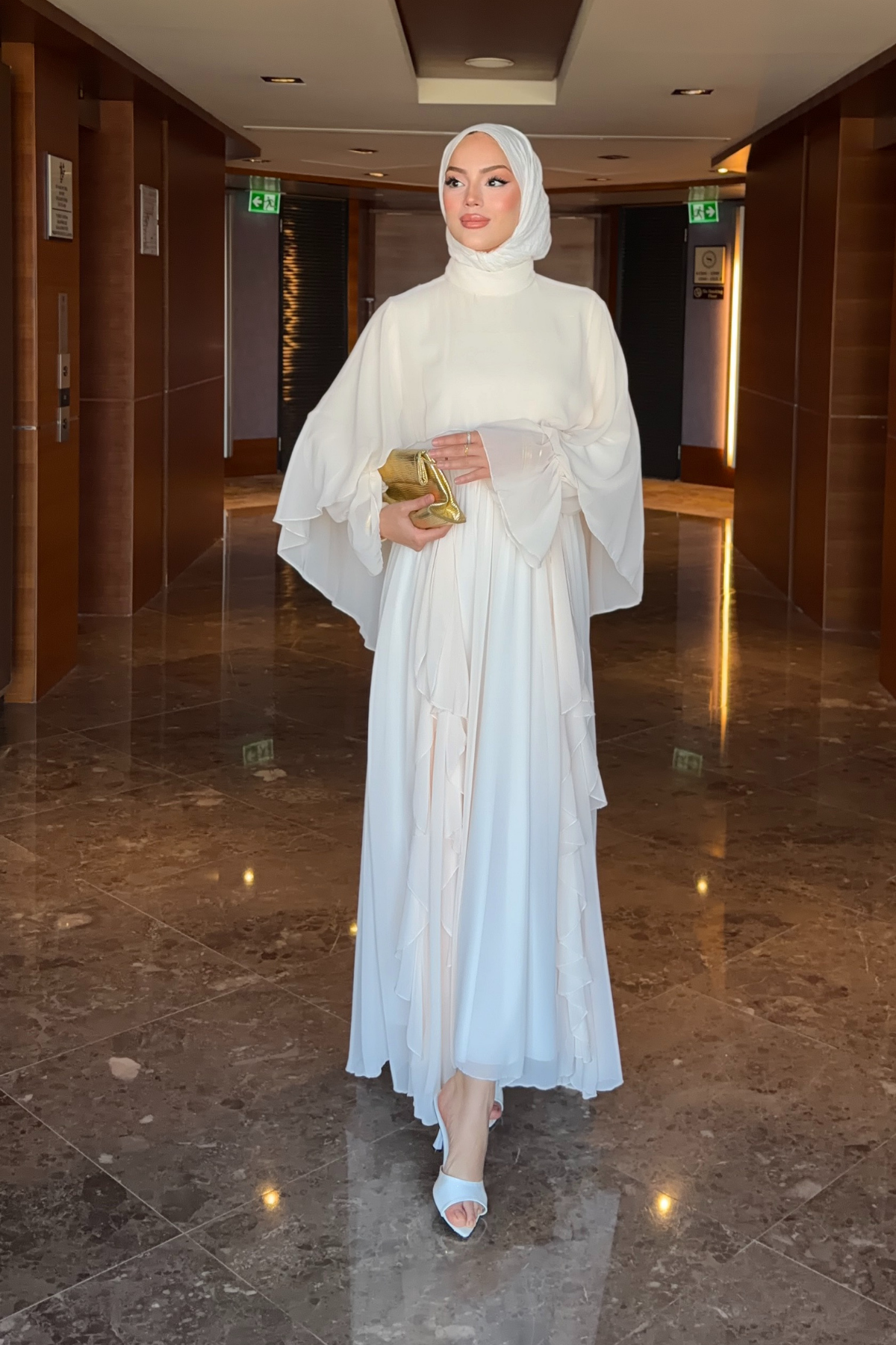 Flowy Chiffon Ruffle Maxi Dress with Belt & Cape Sleeves — Ekru