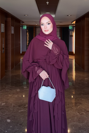 Flowy Chiffon Ruffle Maxi Dress with Belt & Cape Sleeves — Murdum