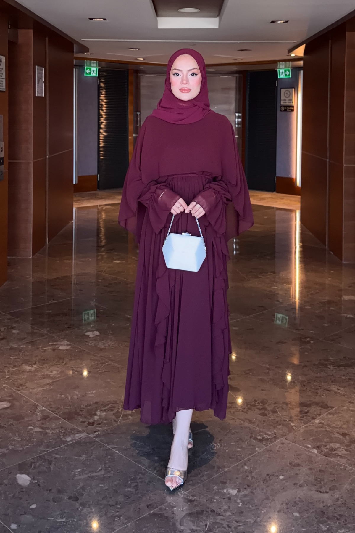 Flowy Chiffon Ruffle Maxi Dress with Belt & Cape Sleeves — Murdum